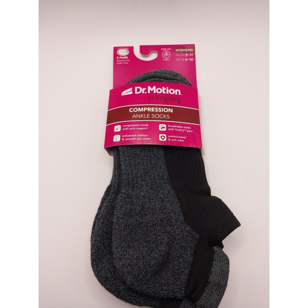 Dr. Motion Women's Everyday Compression Ankle Socks Black Gray 2 Pairs Size 4-10